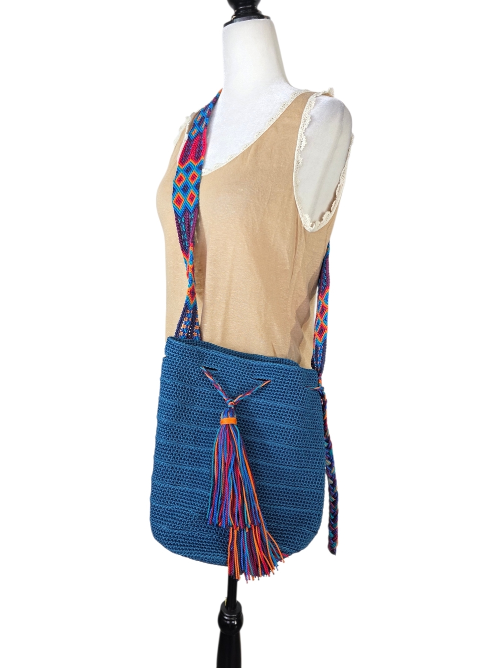 Wayuu Tribe Handwoven Blue Crochet Crossbody Bag with Multicolor Strap